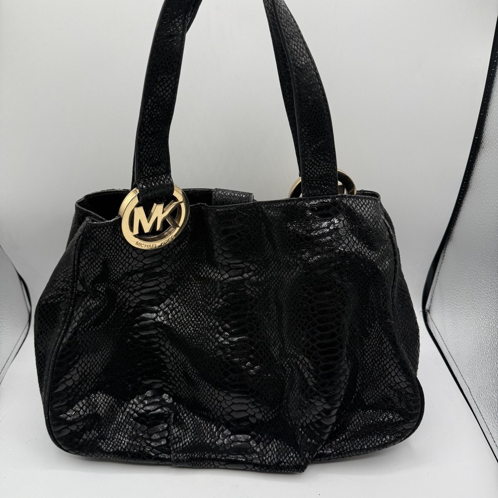 Michael Kors Shoulder Bag Womens Medium Snakeskin Embossed Tote‎ Purse Black MK